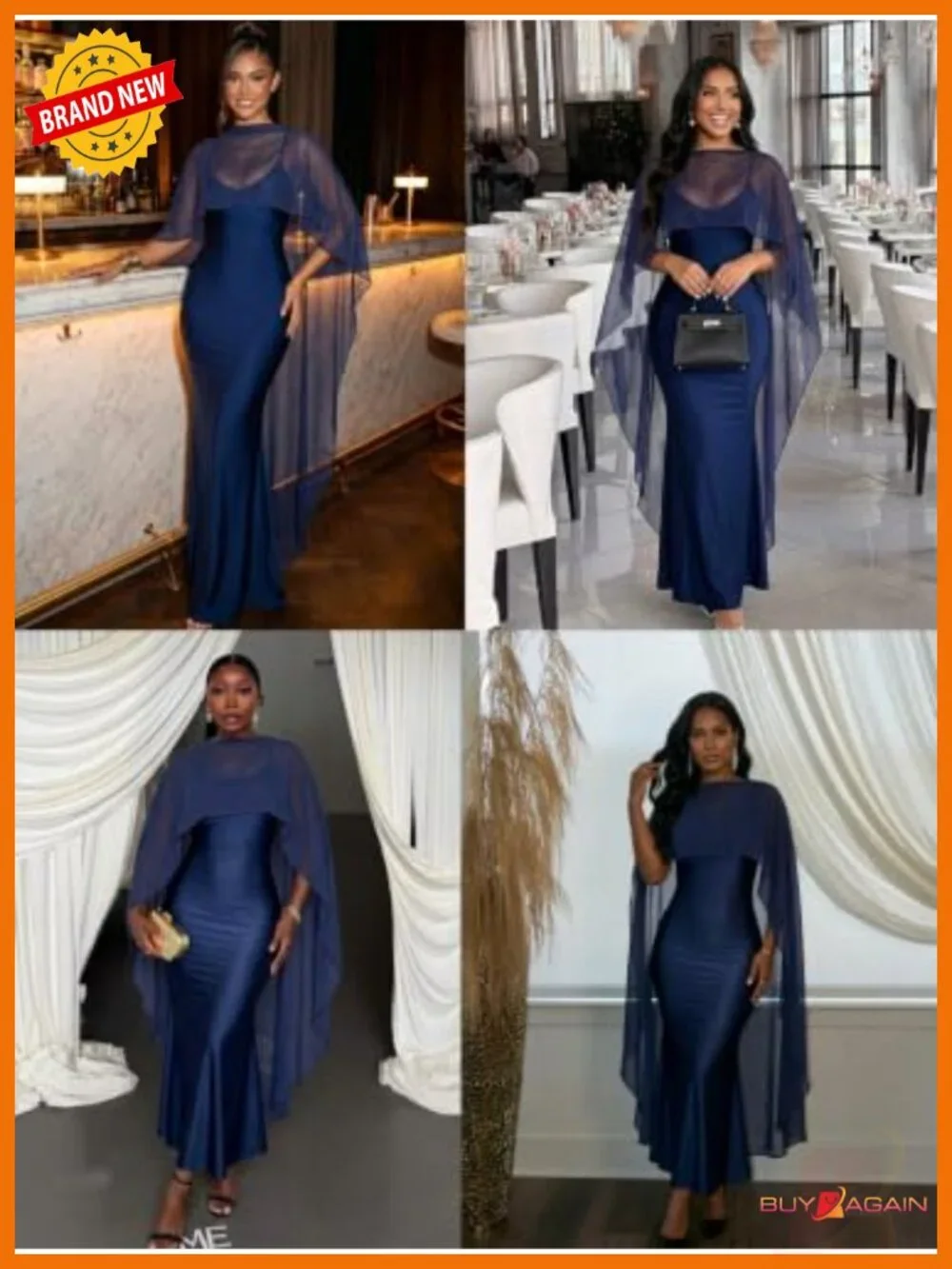 Satin Bodycon Maxi Dress Chiffon Cape Wedding Guest Formal